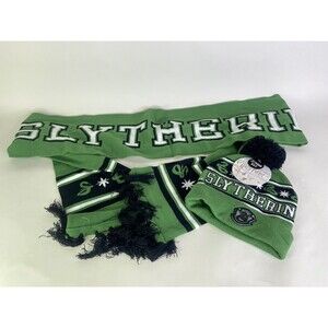 Harry Potter Slytherin Logo Knit Cuff Pom Beanie Hat Cap and Scarf Set 2 Piece